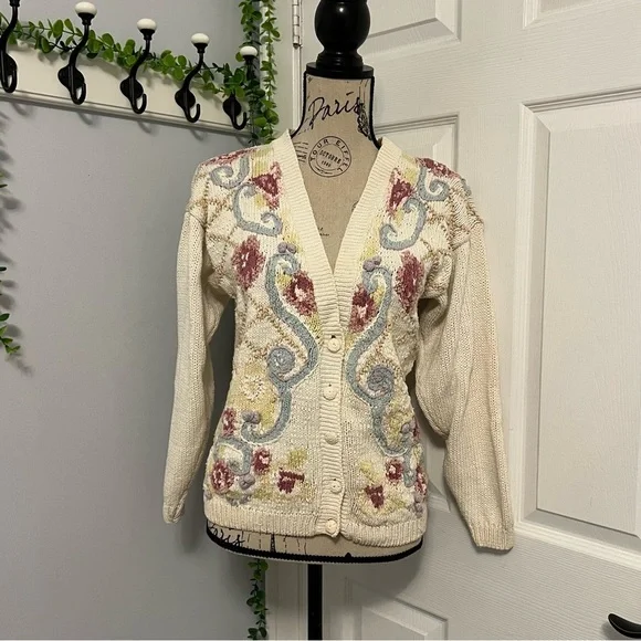 Elegant Floral Knit Cardigan - Cream, Blue, and Pink - Picture 1 of 7